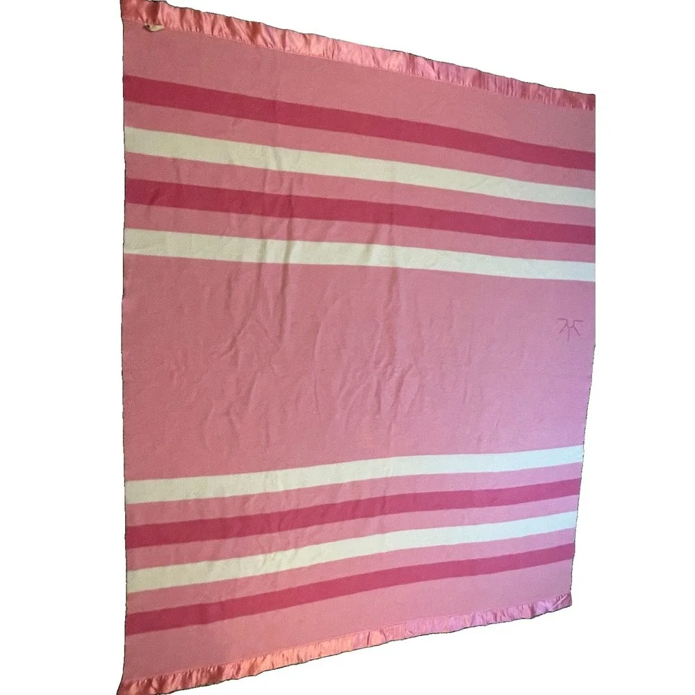 Vtg Baron Woolen Mills Wool Blanket Pink White Stripe Satin Trim 70